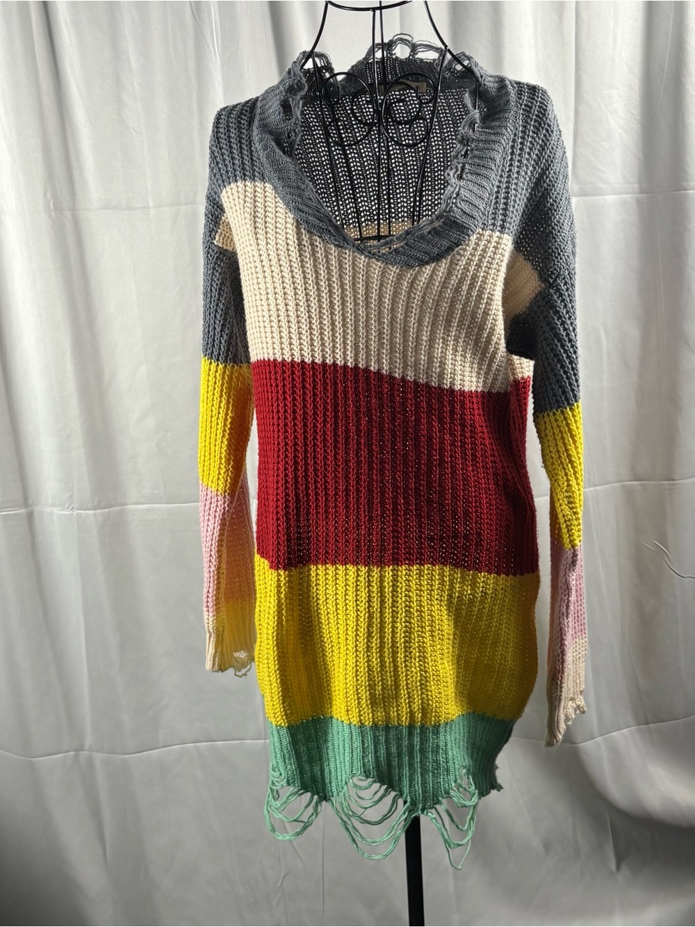 Colorblock Distressed Knit Mini Dress in Gray, Cream & Multicolor